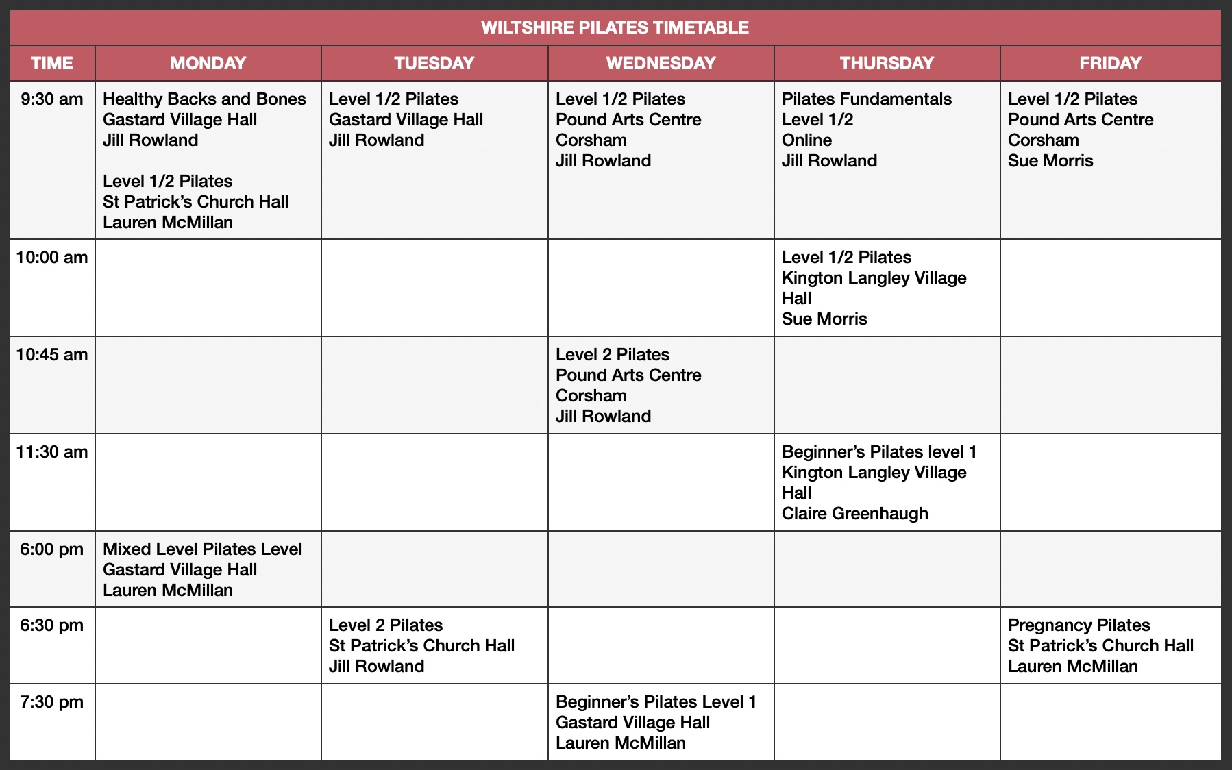 Timetable at a glance